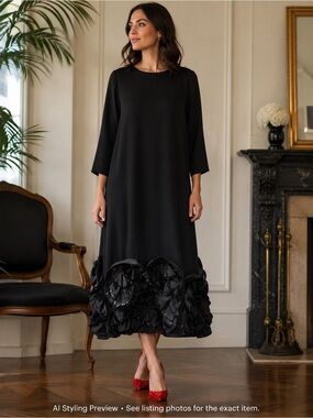 Vintage Lawrence Dress Black Rosette Sequin Hem Midi Dress M 8-10